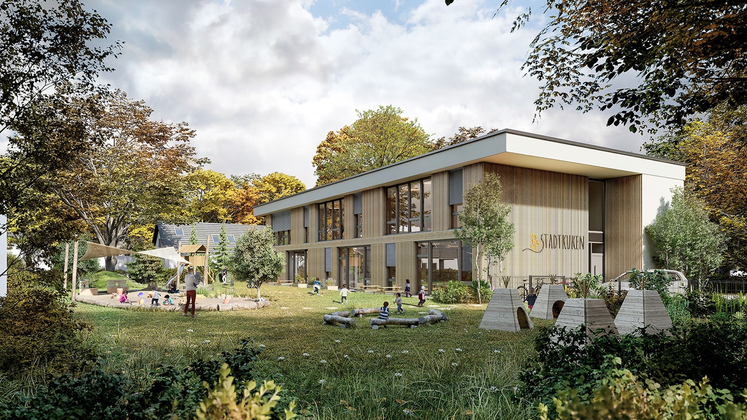 Exterior-Visualisierung in 3D von Strawberry Studio – moderne Kita mit Blick auf die Außenspielfläche im Garten in fotorealistischer Darstellung