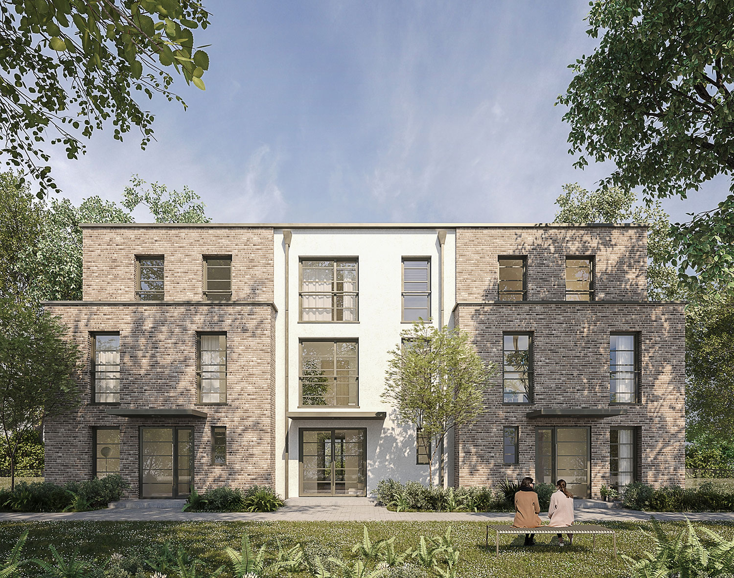Exterior-Visualisierung in 3D von Strawberry Studio – Mehrfamilienhaus mit Klinkerfassade in fotorealistischer Darstellung