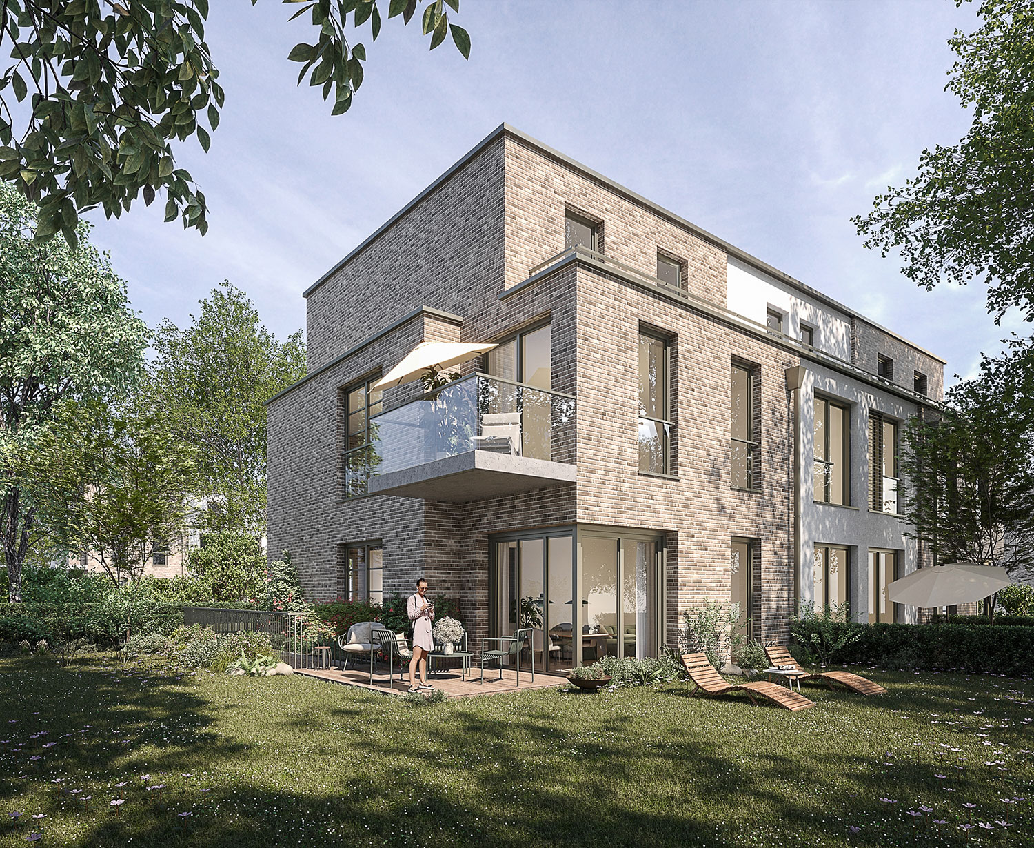 Exterior-Visualisierung in 3D von Strawberry Studio – Mehrfamilienhaus mit Klinkerfassade in fotorealistischer Darstellung