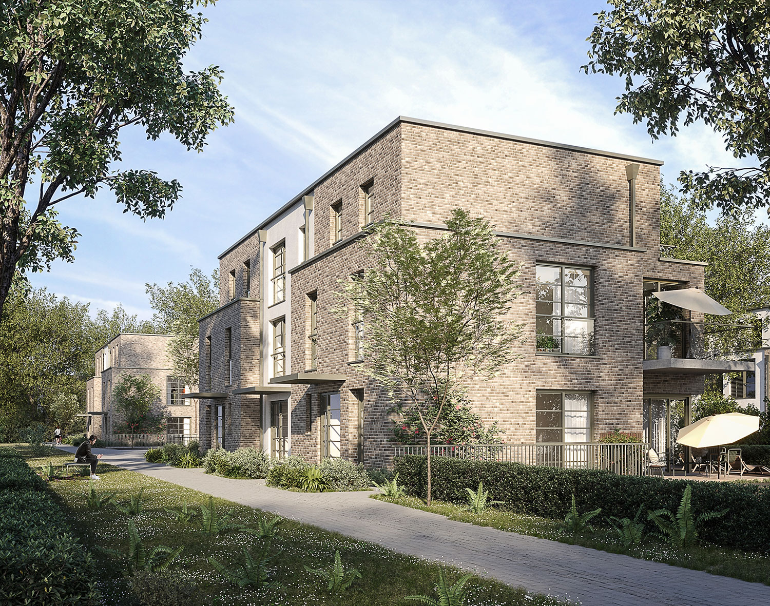 Exterior-Visualisierung in 3D von Strawberry Studio – Mehrfamilienhaus mit Klinkerfassade in fotorealistischer Darstellung