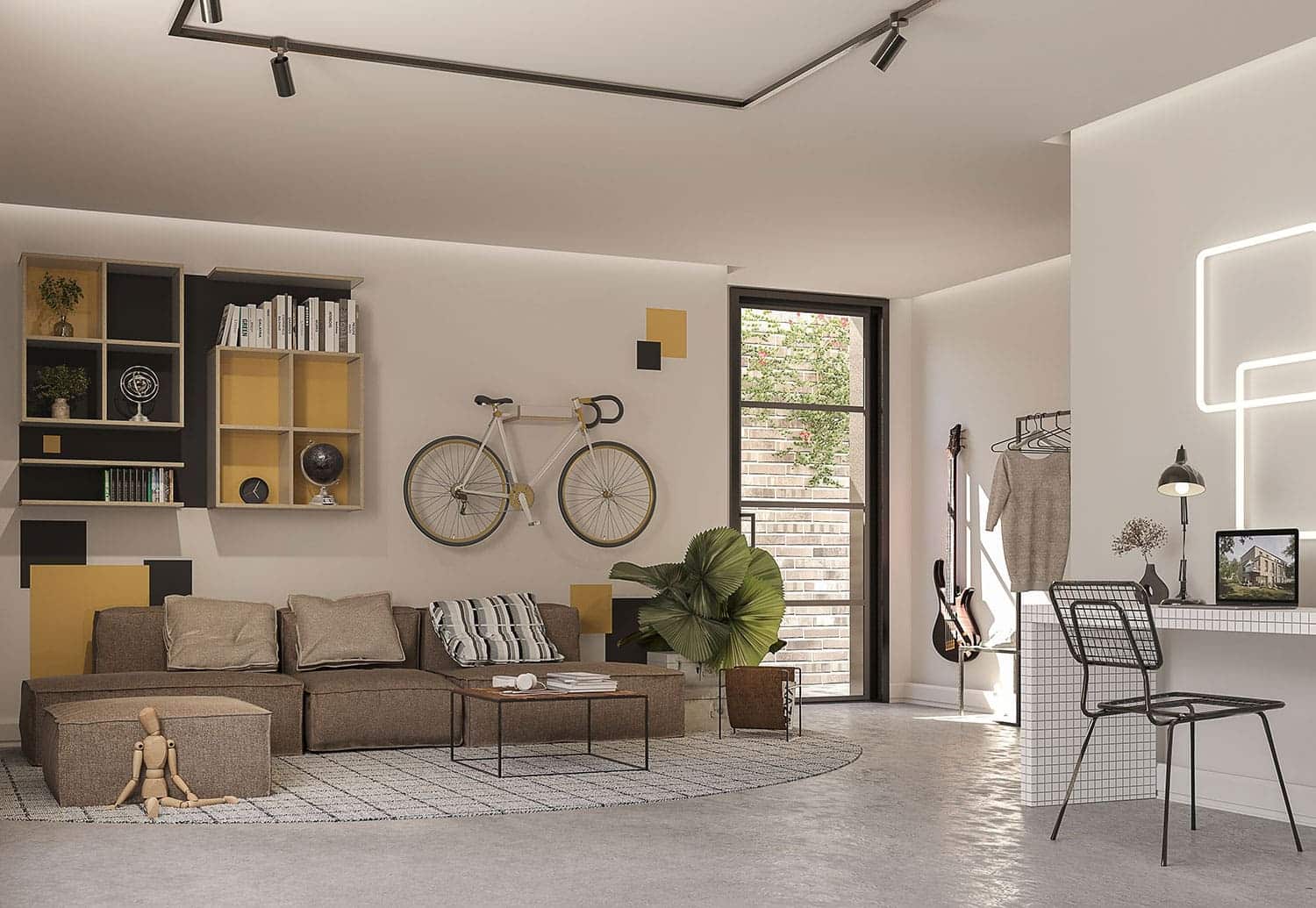 Interior-Visualisierung in 3D von Strawberry Studio – moderne Souterrainwohnung in fotorealistischer Darstellung