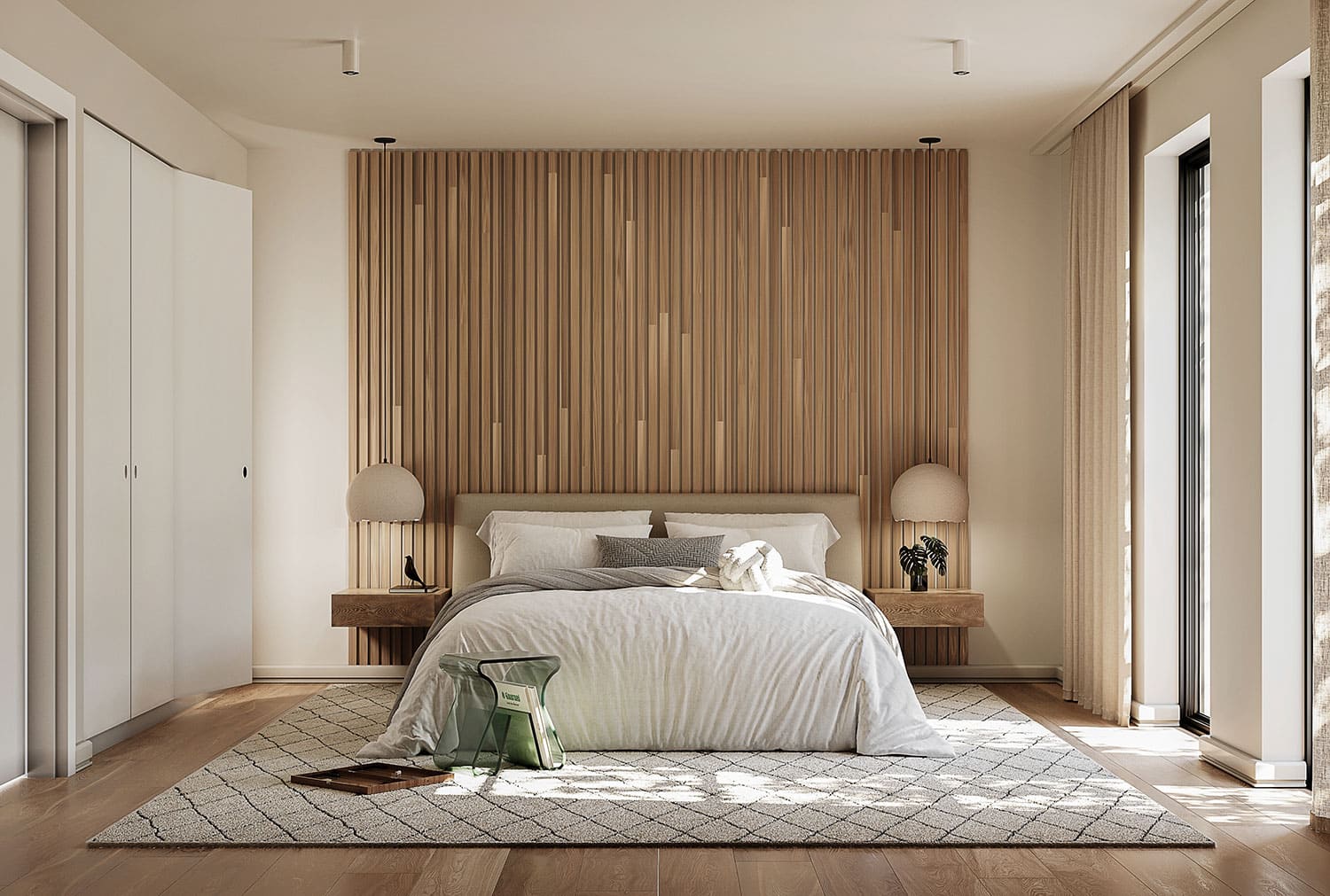 Interior-Visualisierung in 3D von Strawberry Studio – modernes Schlafzimmer mit Holzwand in fotorealistischer Darstellung