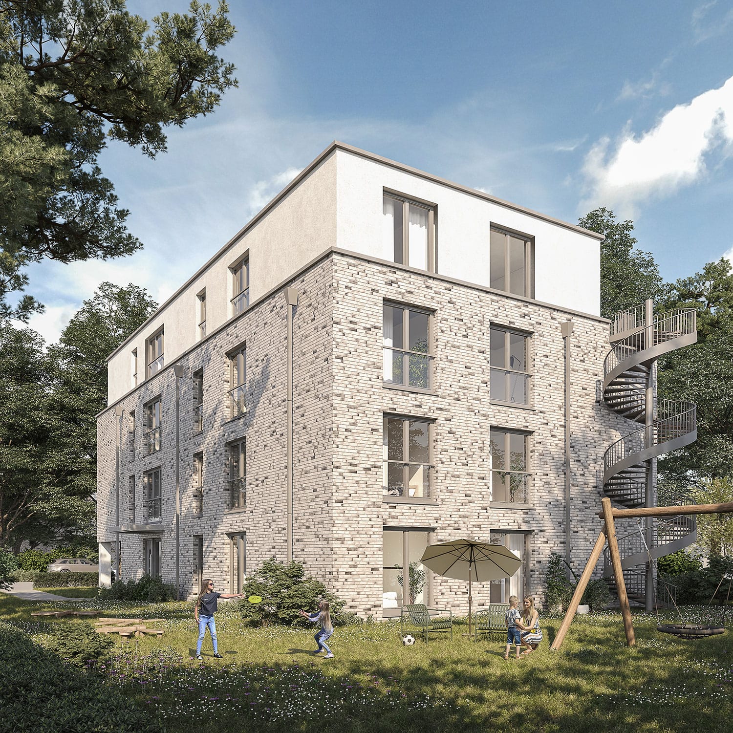 Exterior-Visualisierung in 3D von Strawberry Studio – Mehrfamilienhaus mit Klinkerfassade in fotorealistischer Darstellung