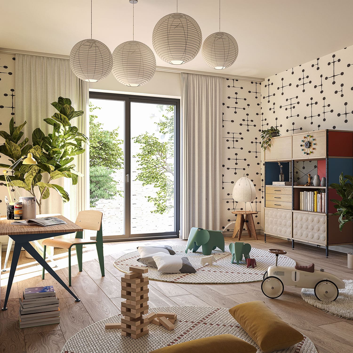 Interior-Visualisierung in 3D von Strawberry Studio – kindgerechtes Zimmer mit viel Spielzeug in fotorealistischer Darstellung