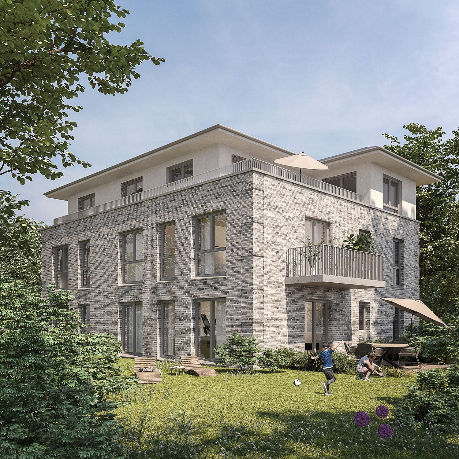 Exterior-Visualisierung in 3D von Strawberry Studio – Mehrfamilienhaus mit Klinkerfassade in fotorealistischer Darstellung