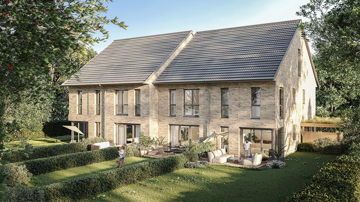 Exterior-Visualisierung in 3D von Strawberry Studio – Mehrfamilienhaus mit Klinkerfassade in fotorealistischer Darstellung