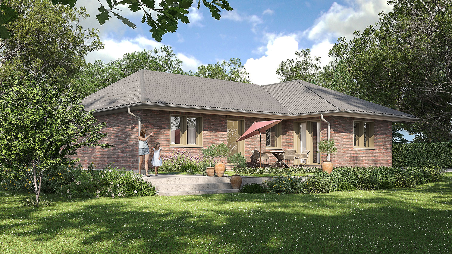 Exterior-Visualisierung in 3D von Strawberry Studio – modernes Einfamilienhaus mit Klinkerfassade in fotorealistischer Darstellung