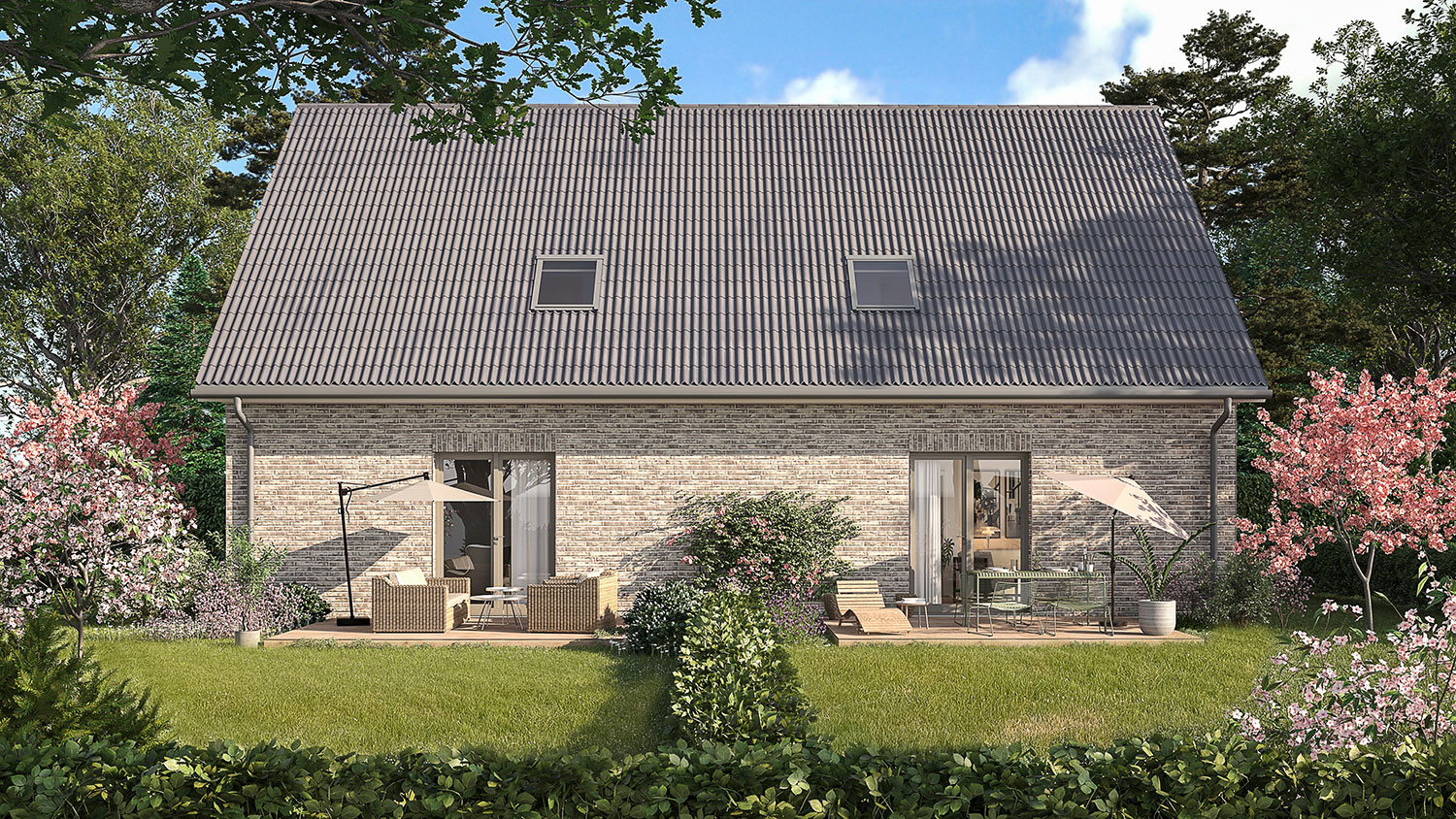 Exterior-Visualisierung in 3D von Strawberry Studio – moderne Doppelhaushälfte mit Klinkerfassade in fotorealistischer Darstellung