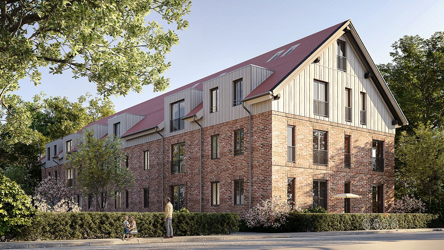 Exterior-Visualisierung in 3D von Strawberry Studio – Mehrfamilienhaus mit Klinkerfassade in fotorealistischer Darstellung