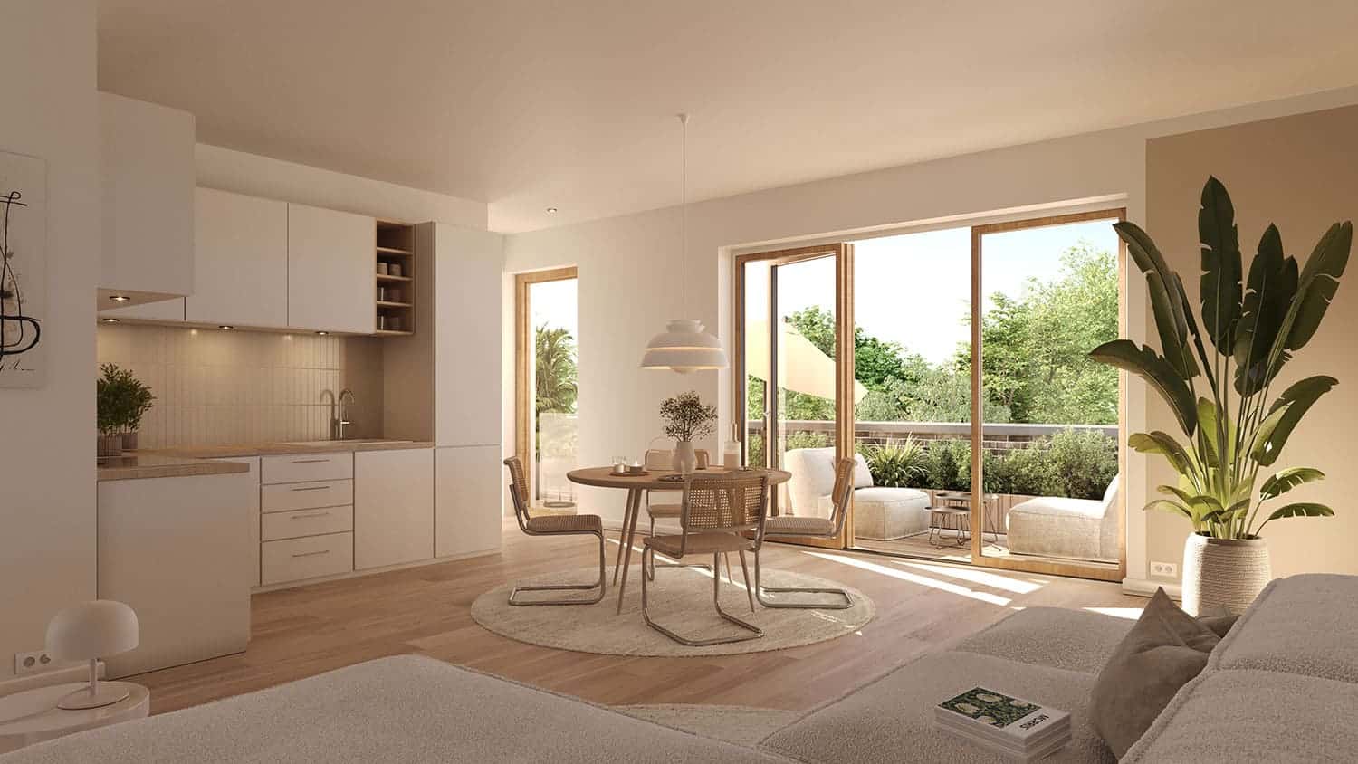 Interior-Visualisierung in 3D von Strawberry Studio – moderne Wohnküche in fotorealistischer Darstellung