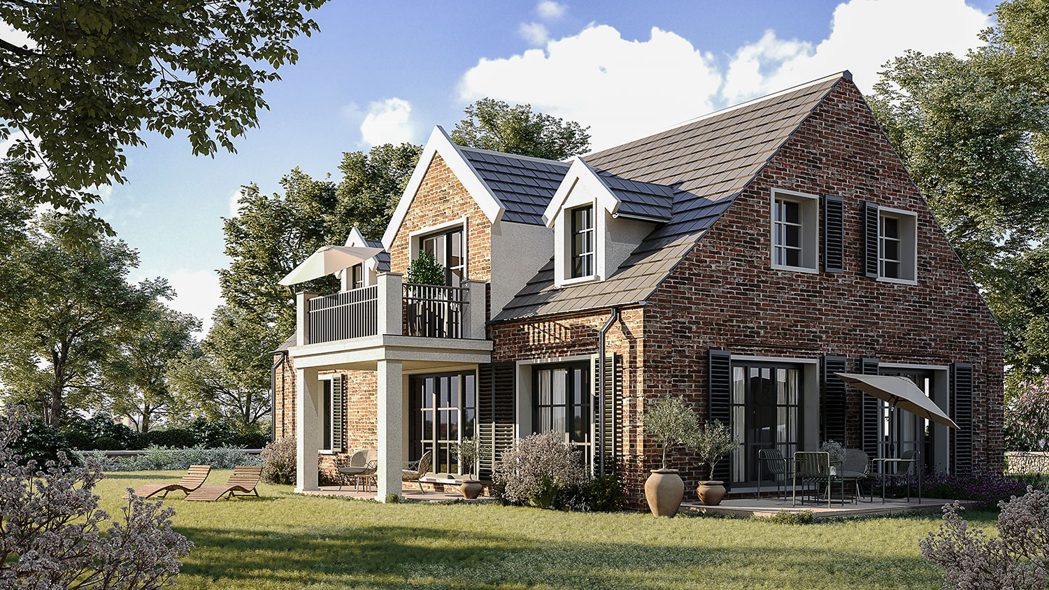 Exterior-Visualisierung in 3D von Strawberry Studio – modernes Einfamilienhaus mit Klinkerfassade in fotorealistischer Darstellung