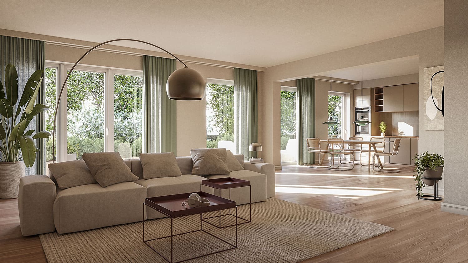 Interior-Visualisierung in 3D von Strawberry Studio – modernes Wohnzimmer in fotorealistischer Darstellung