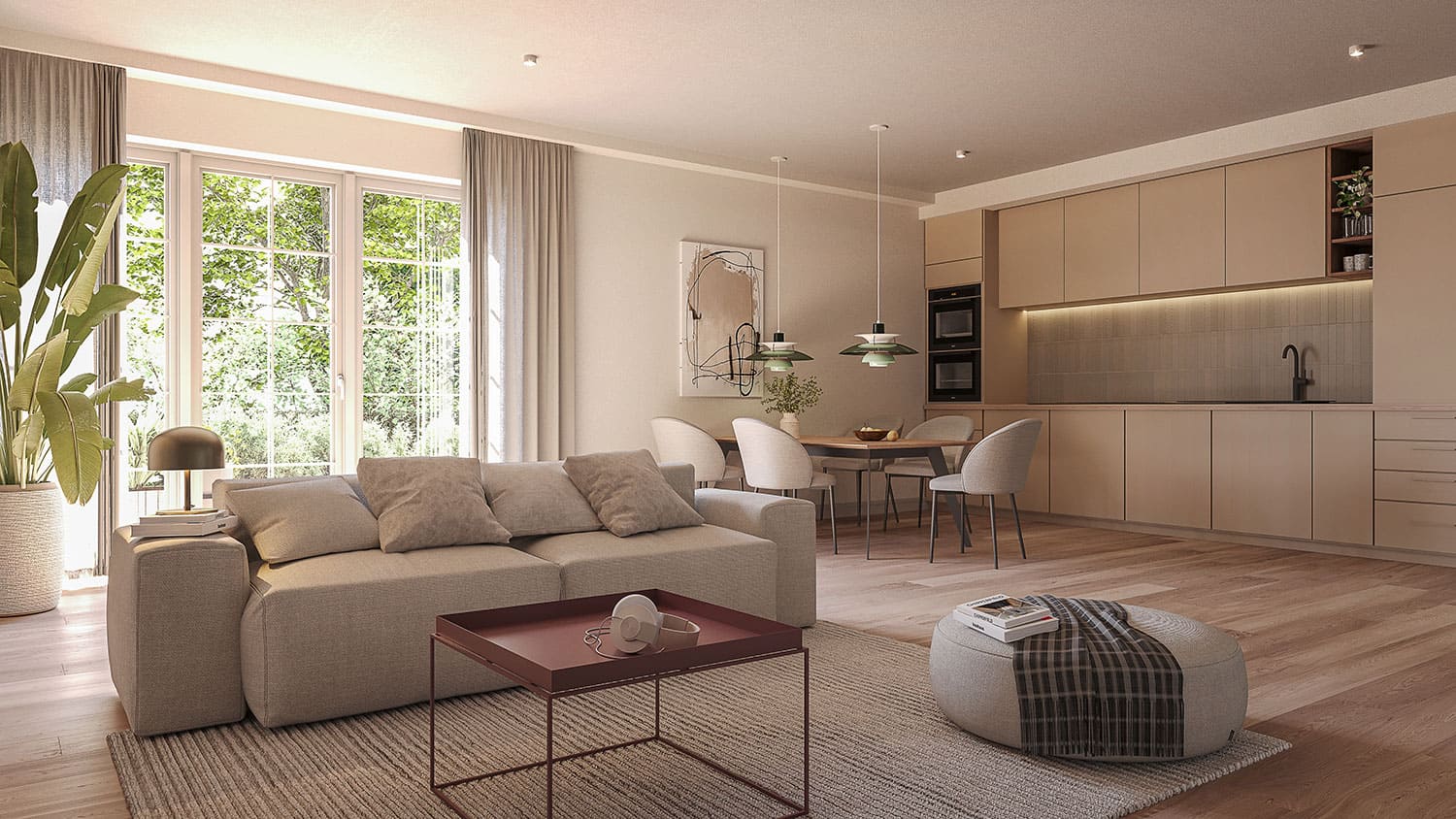 Interior-Visualisierung in 3D von Strawberry Studio – moderne Wohnküche in fotorealistischer Darstellung