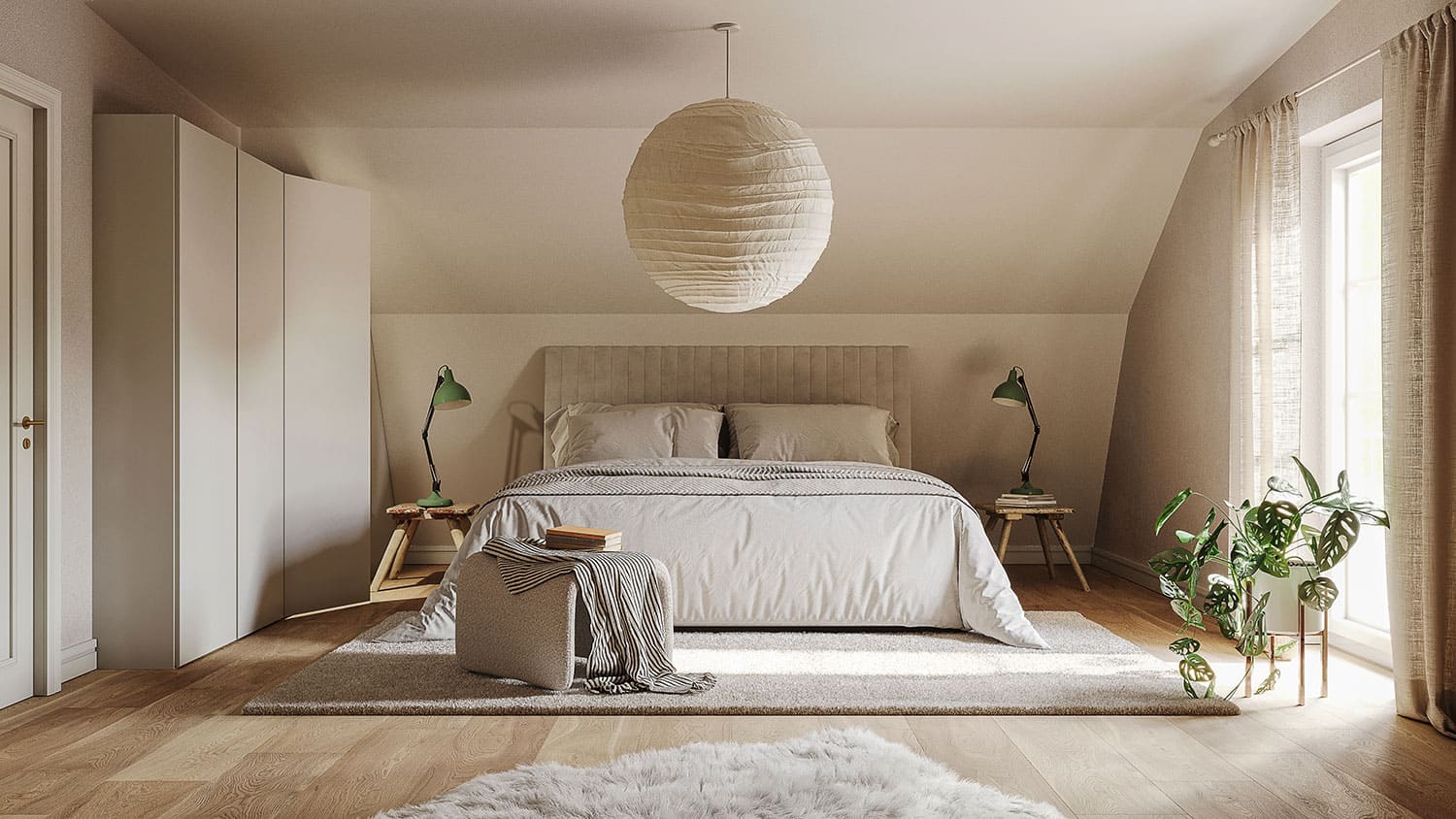 Interior-Visualisierung in 3D von Strawberry Studio – modernes Schlafzimmer in fotorealistischer Darstellung