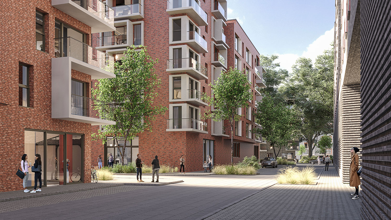 Exterior-Visualisierung in 3D von Strawberry Studio – Erdgeschossnutzungen im Neubauquartier mit Fokus auf Durchwegung und Aufenthaltsqualität