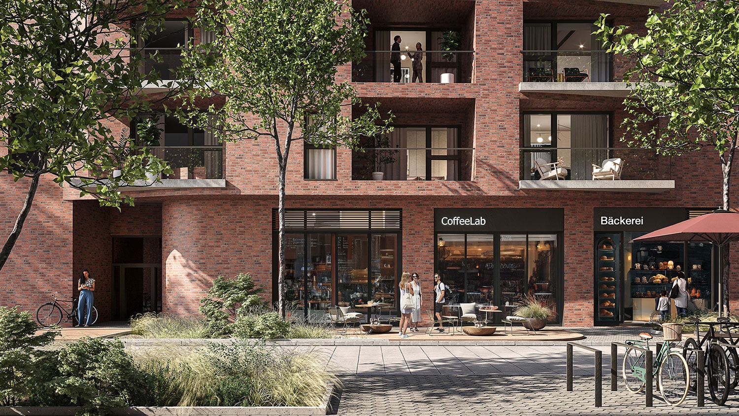 Exterior-Visualisierung in 3D von Strawberry Studio – Erdgeschossnutzungen im Neubauquartier mit Fokus auf Durchwegung und Aufenthaltsqualität