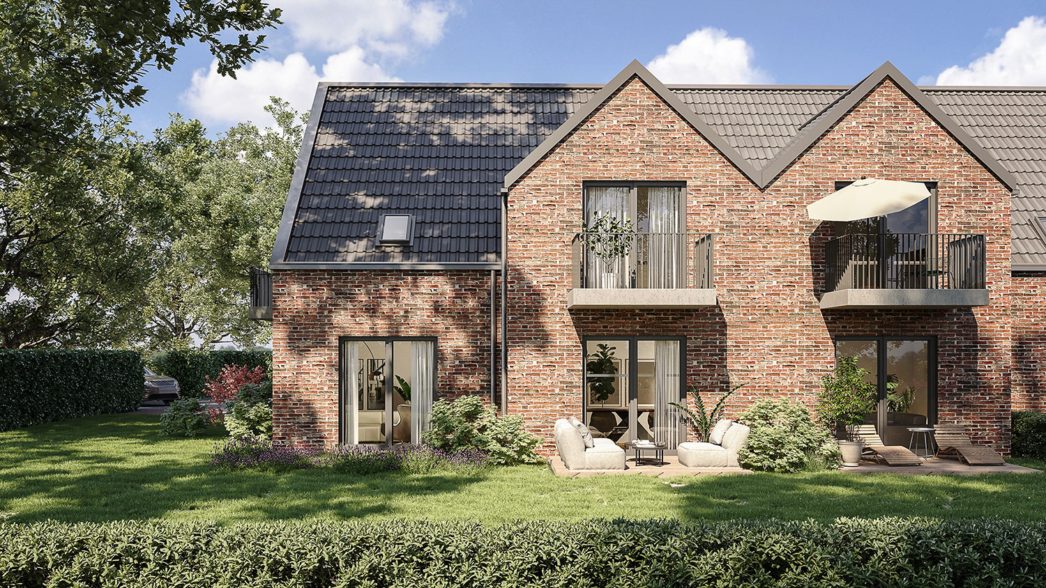 Exterior-Visualisierung in 3D von Strawberry Studio – Mehrfamilienhaus mit Klinkerfassade in fotorealistischer Darstellung