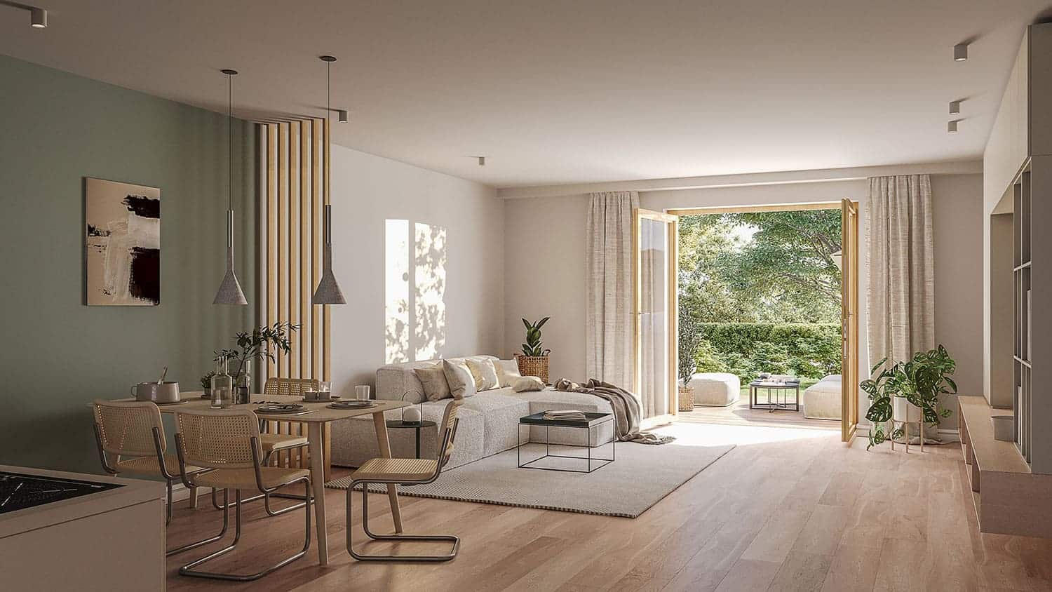 Interior-Visualisierung in 3D von Strawberry Studio – modernes Wohnzimmer in fotorealistischer Darstellung