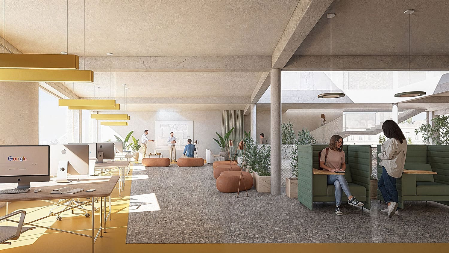 nterior-Visualisierung in 3D von Strawberry Studio – moderner Arbeitsraum mit gelben Akzenten für ein Wettbewerbskonzept