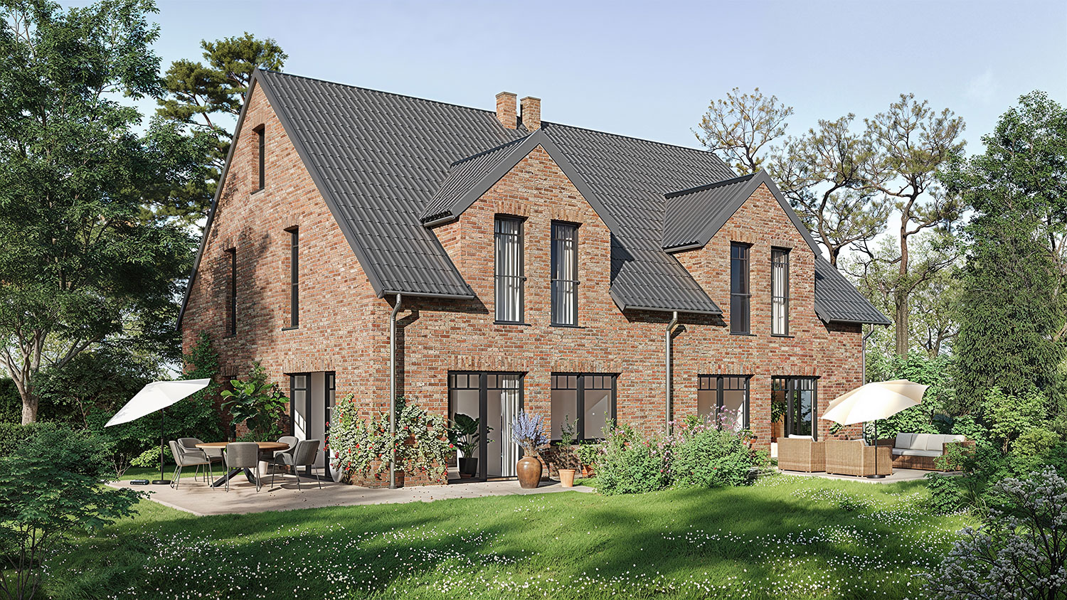 Exterior-Visualisierung in 3D von Strawberry Studio – Mehrfamilienhaus mit Klinkerfassade in fotorealistischer Darstellung