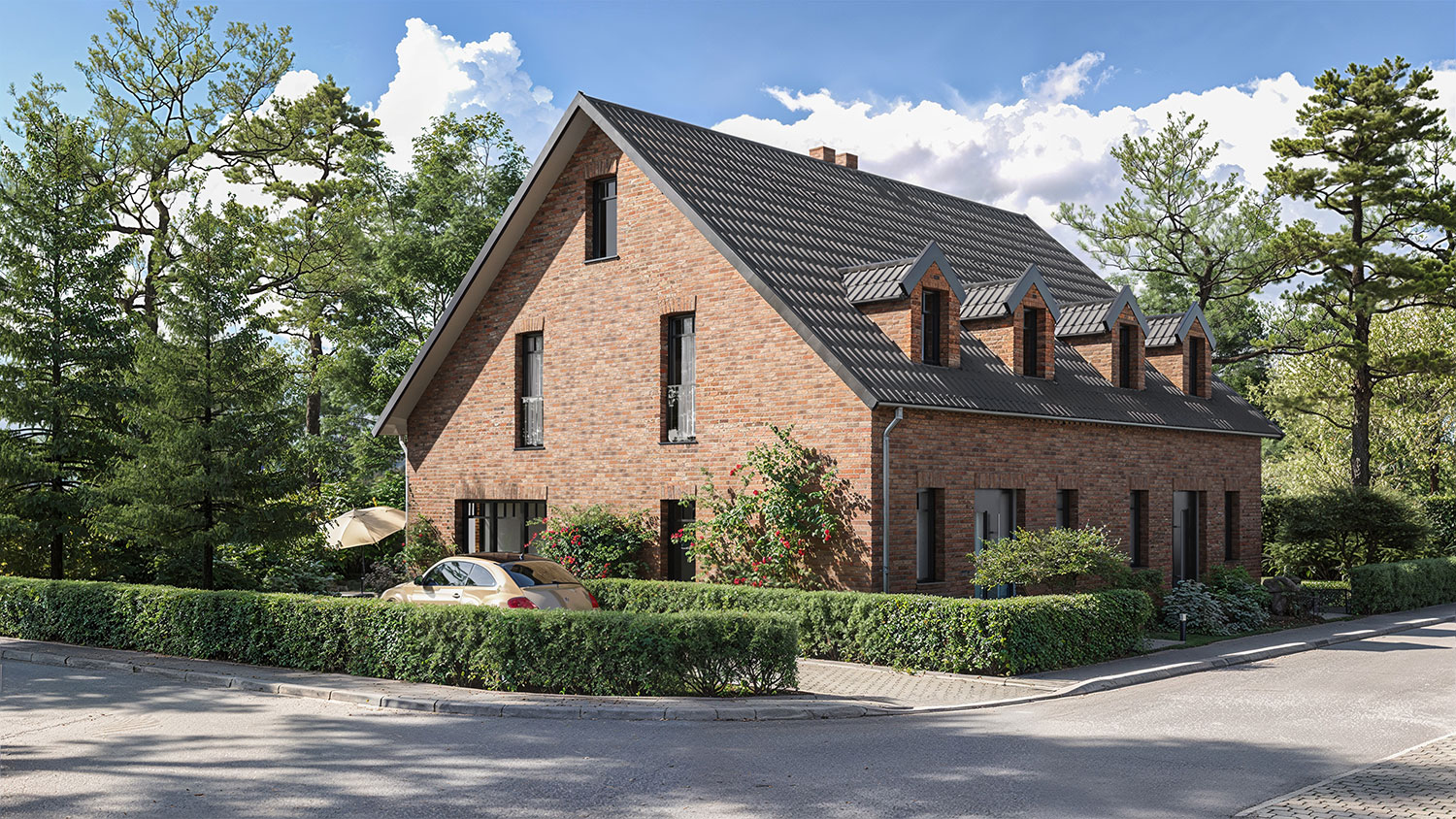 Exterior-Visualisierung in 3D von Strawberry Studio – Mehrfamilienhaus mit Klinkerfassade in fotorealistischer Darstellung