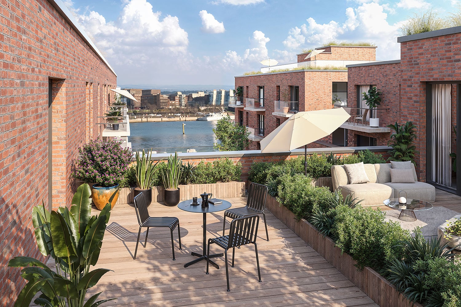 Exterior-Visualisierung in 3D von Strawberry Studio – Ausblick von einer Dachterrasse in Kiel mit Wasserblick in fotorealistischer Darstellung