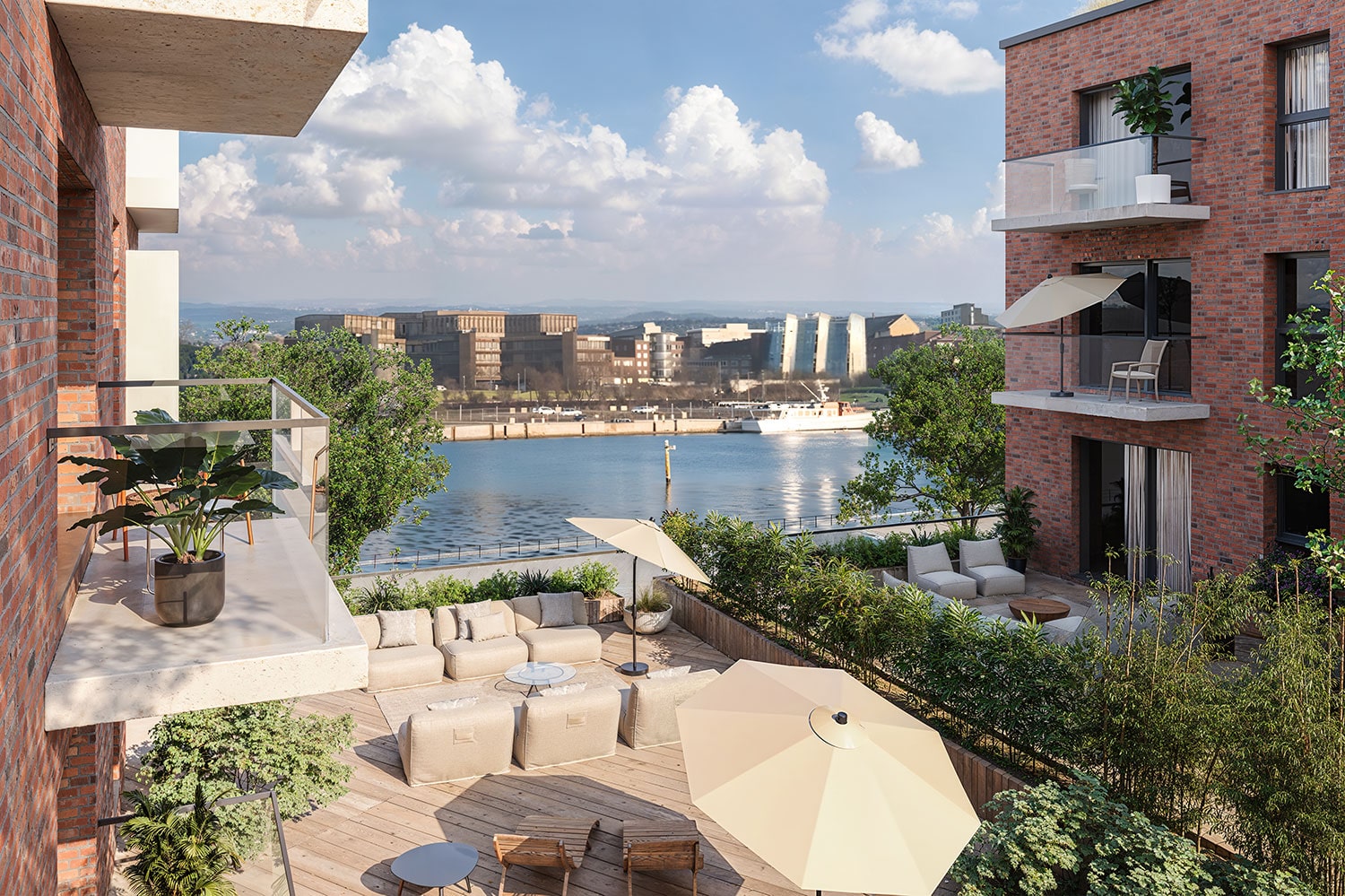 Exterior-Visualisierung in 3D von Strawberry Studio – Ausblick von einer Dachterrasse in Kiel mit Wasserblick in fotorealistischer Darstellung