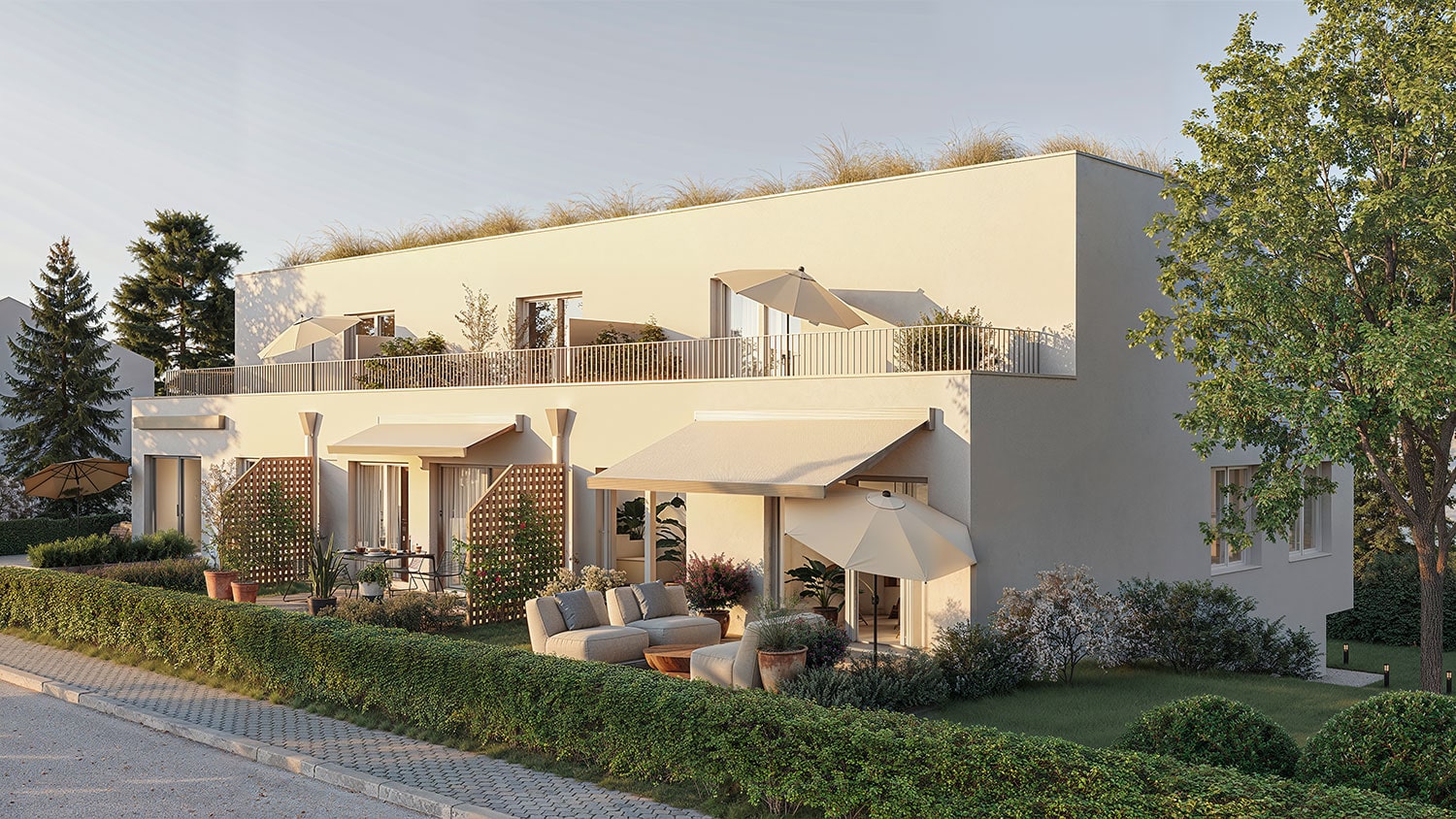 Exterior-Visualisierung in 3D von Strawberry Studio – Mehrfamilienhaus mit Putzfassade in fotorealistischer Darstellung