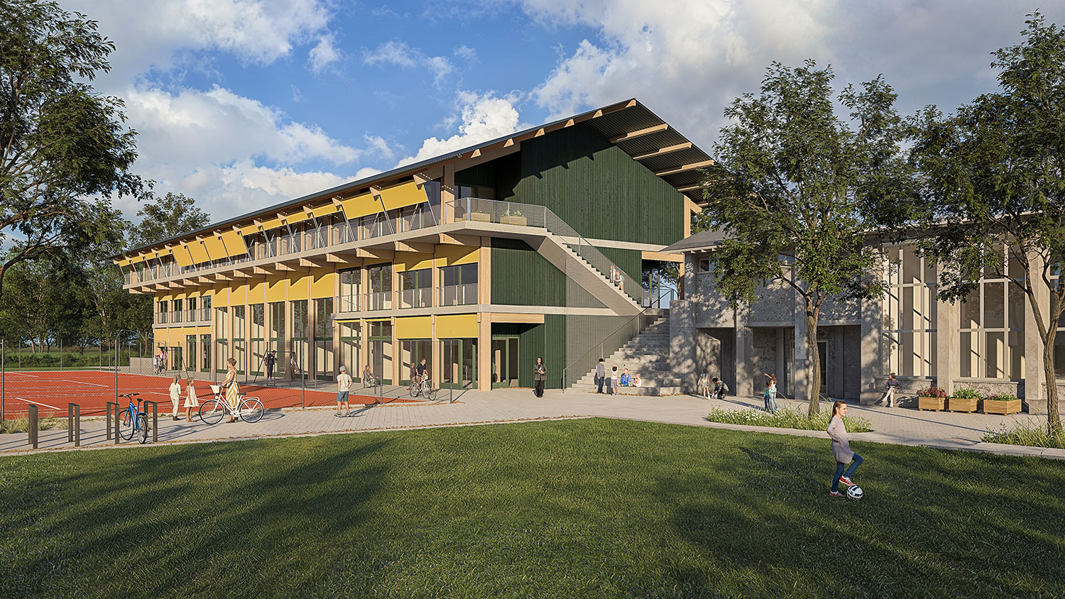 Exterior-Visualisierung in 3D von Strawberry Studio – Schulneubau für einen Wettbewerb in der Schweiz in fotorealistischer Darstellung