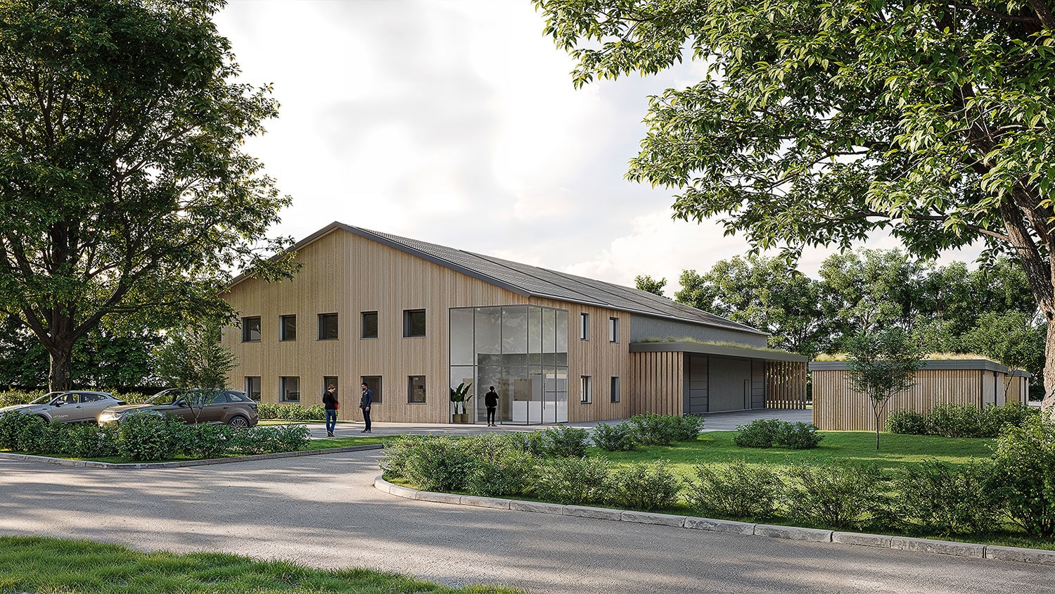 Exterior-Visualisierung in 3D von Strawberry Studio – funktionale Lagerhalle mit Holzfassade in fotorealistischer Darstellung