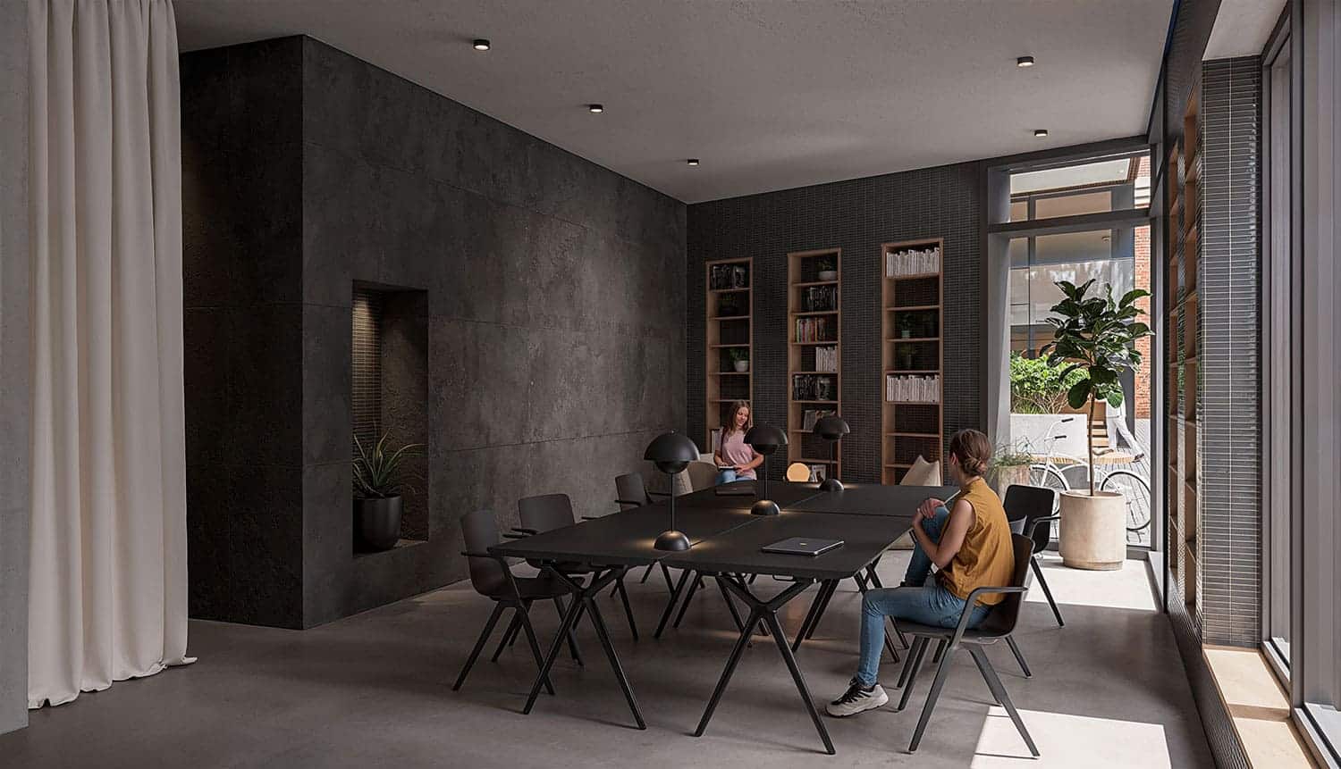 Interior-Visualisierung in 3D von Strawberry Studio – moderner Arbeitsraum in einem Studierendenwohnheim