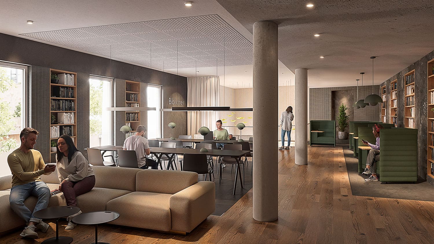 Interior-Visualisierung in 3D von Strawberry Studio – ruhige Bibliothek in einem Studierendenwohnheim in fotorealistischer Darstellung