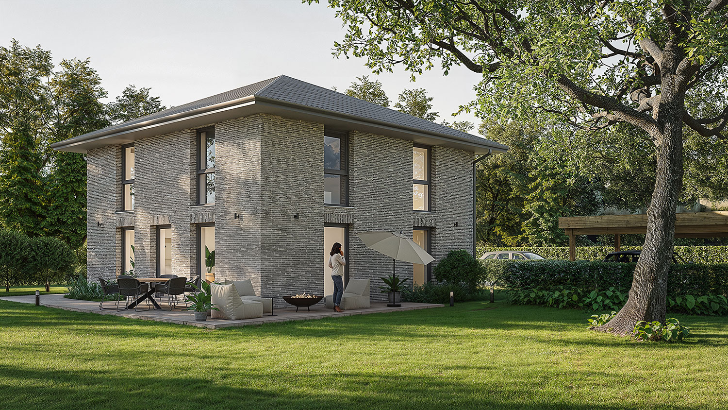 Exterior-Visualisierung in 3D von Strawberry Studio – modernes Einfamilienhaus mit Klinkerfassade in fotorealistischer Darstellung