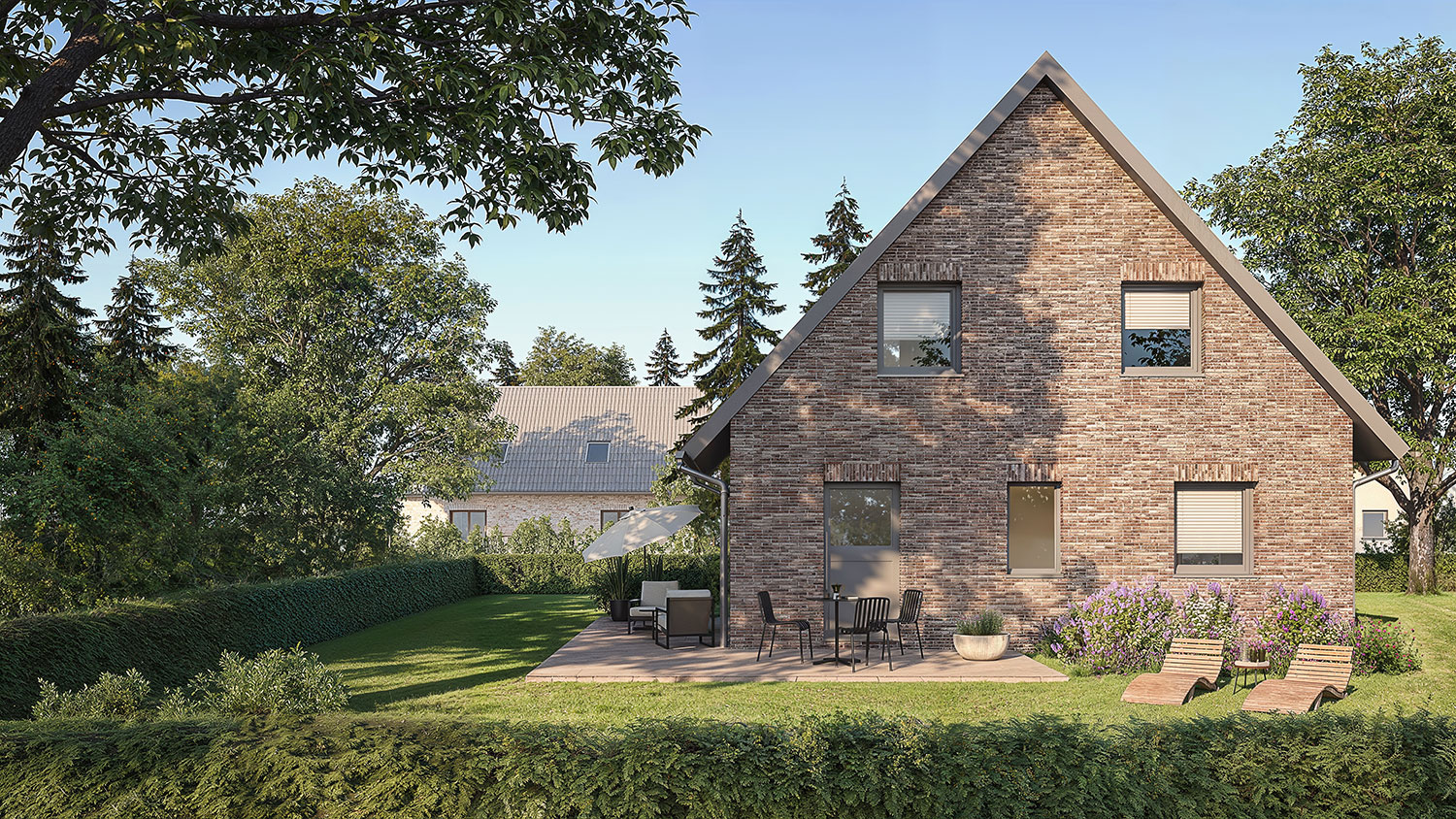 Exterior-Visualisierung in 3D von Strawberry Studio – modernes Einfamilienhaus mit Klinkerfassade in fotorealistischer Darstellung