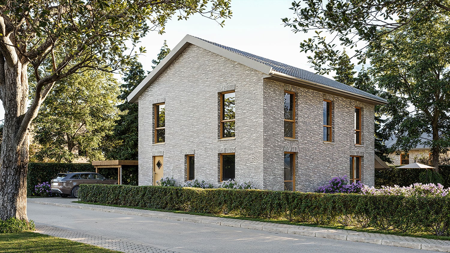 Exterior-Visualisierung in 3D von Strawberry Studio – modernes Einfamilienhaus mit Klinkerfassade in fotorealistischer Darstellung
