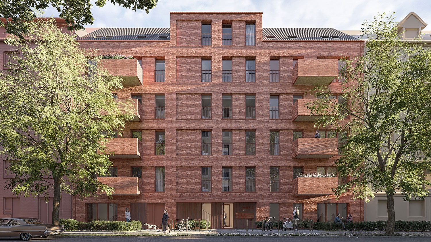 Exterior-Visualisierung in 3D von Strawberry Studio – Mehrfamilienhaus mit Klinkerfassade in fotorealistischer Darstellung