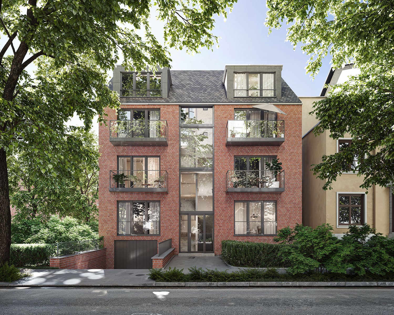 Exterior-Visualisierung in 3D von Strawberry Studio – Mehrfamilienhaus mit Klinkerfassade in fotorealistischer Darstellung