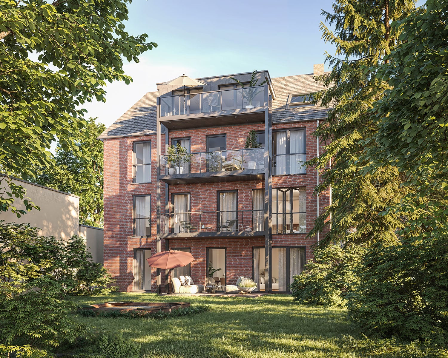 Exterior-Visualisierung in 3D von Strawberry Studio – Mehrfamilienhaus mit Klinkerfassade in fotorealistischer Darstellung