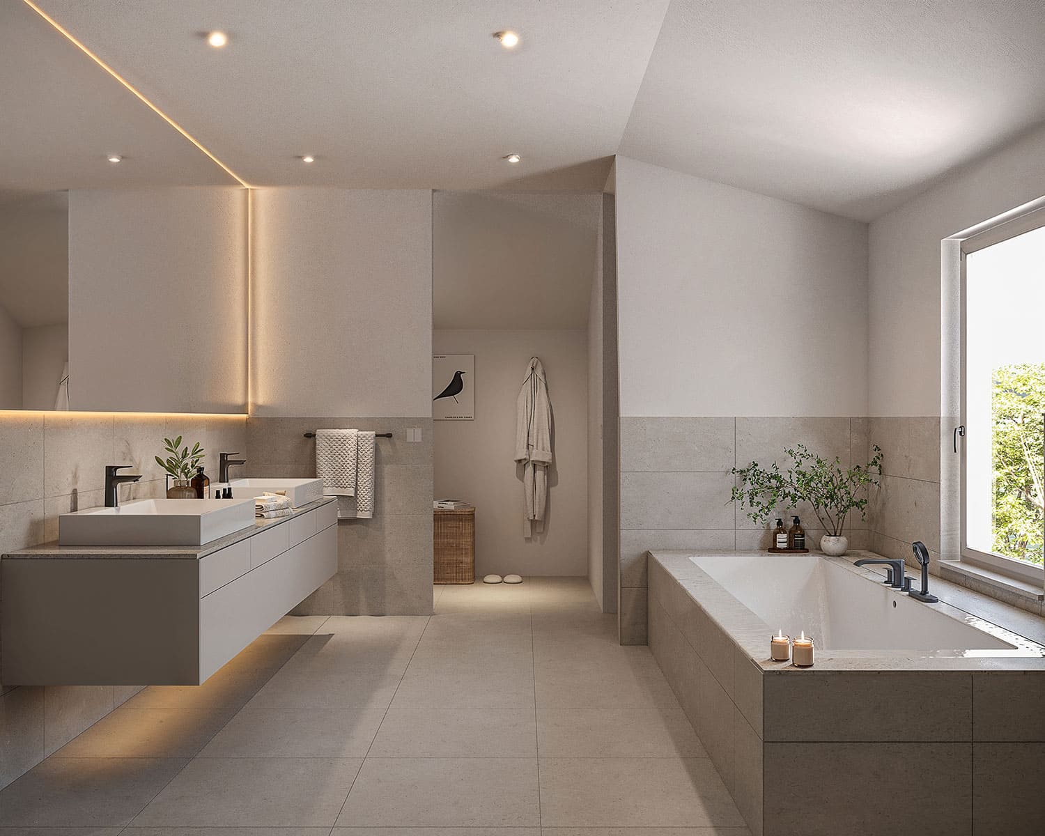 nterior-Visualisierung in 3D von Strawberry Studio – modernes Badezimmer in fotorealistischer Darstellung