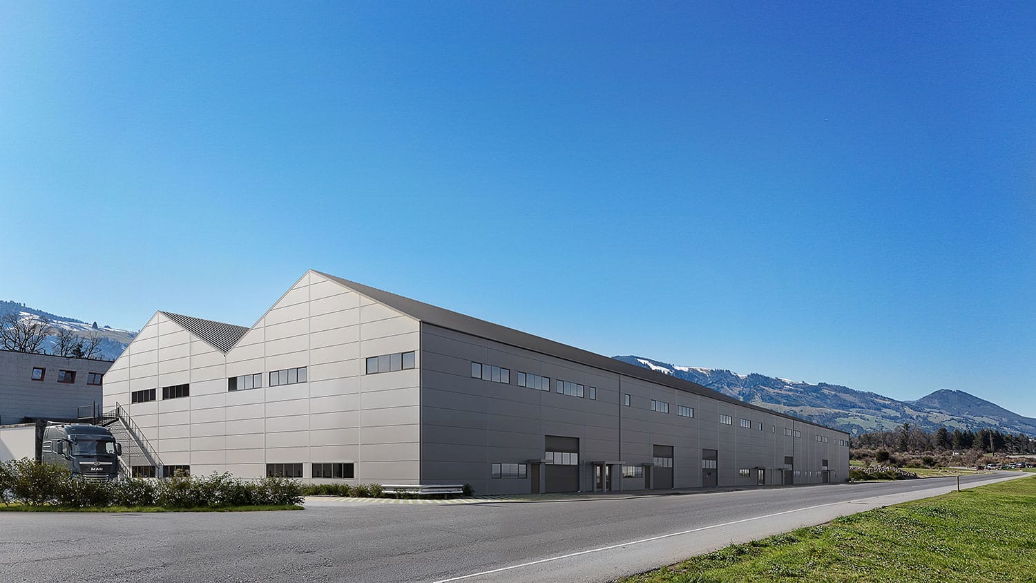 Exterior-Visualisierung in 3D von Strawberry Studio – funktionale Lagerhalle in der Schweiz in fotorealistischer Darstellung