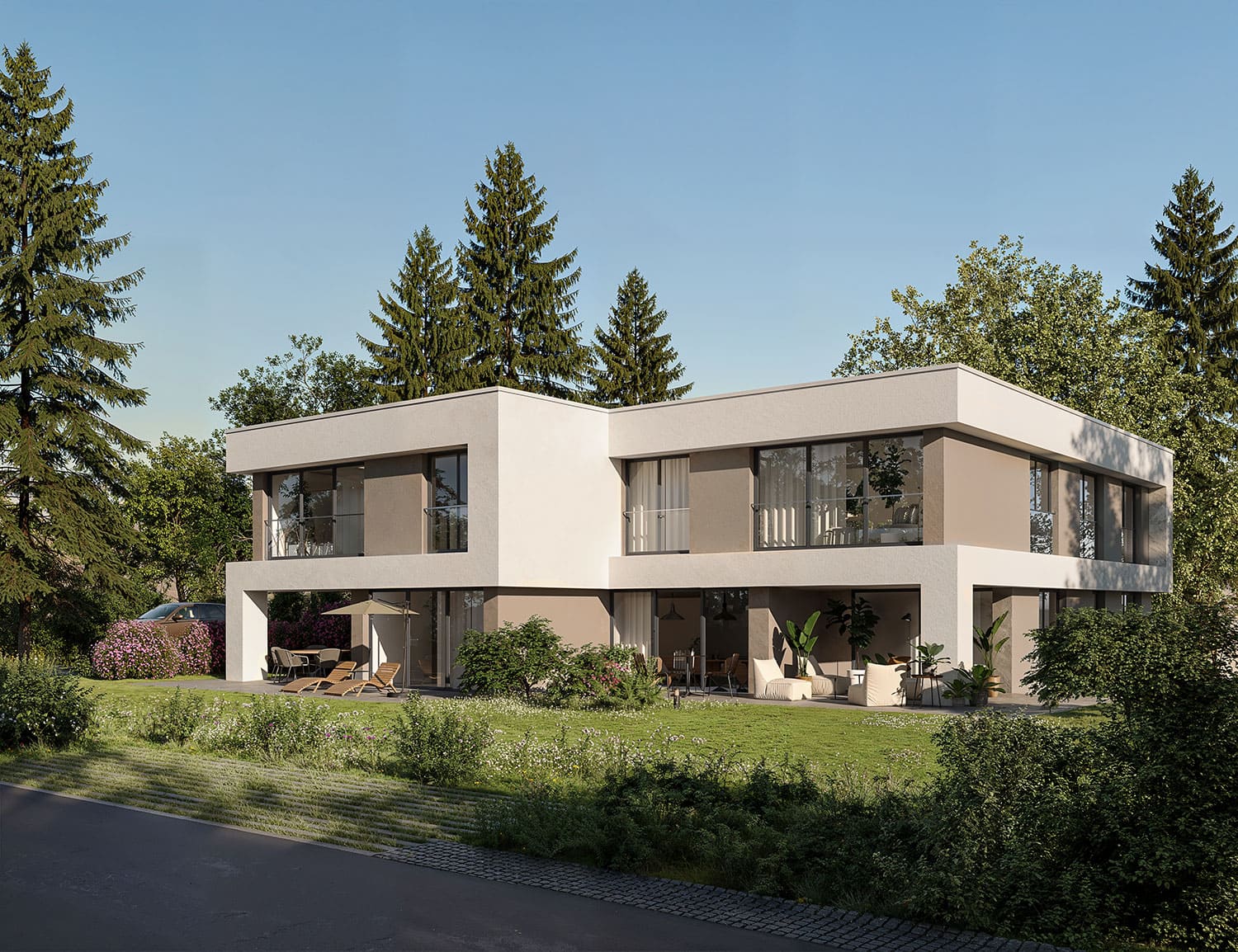 Exterior-Visualisierung in 3D von Strawberry Studio – exklusive Villa mit hochwertiger Architektur in fotorealistischer Darstellung