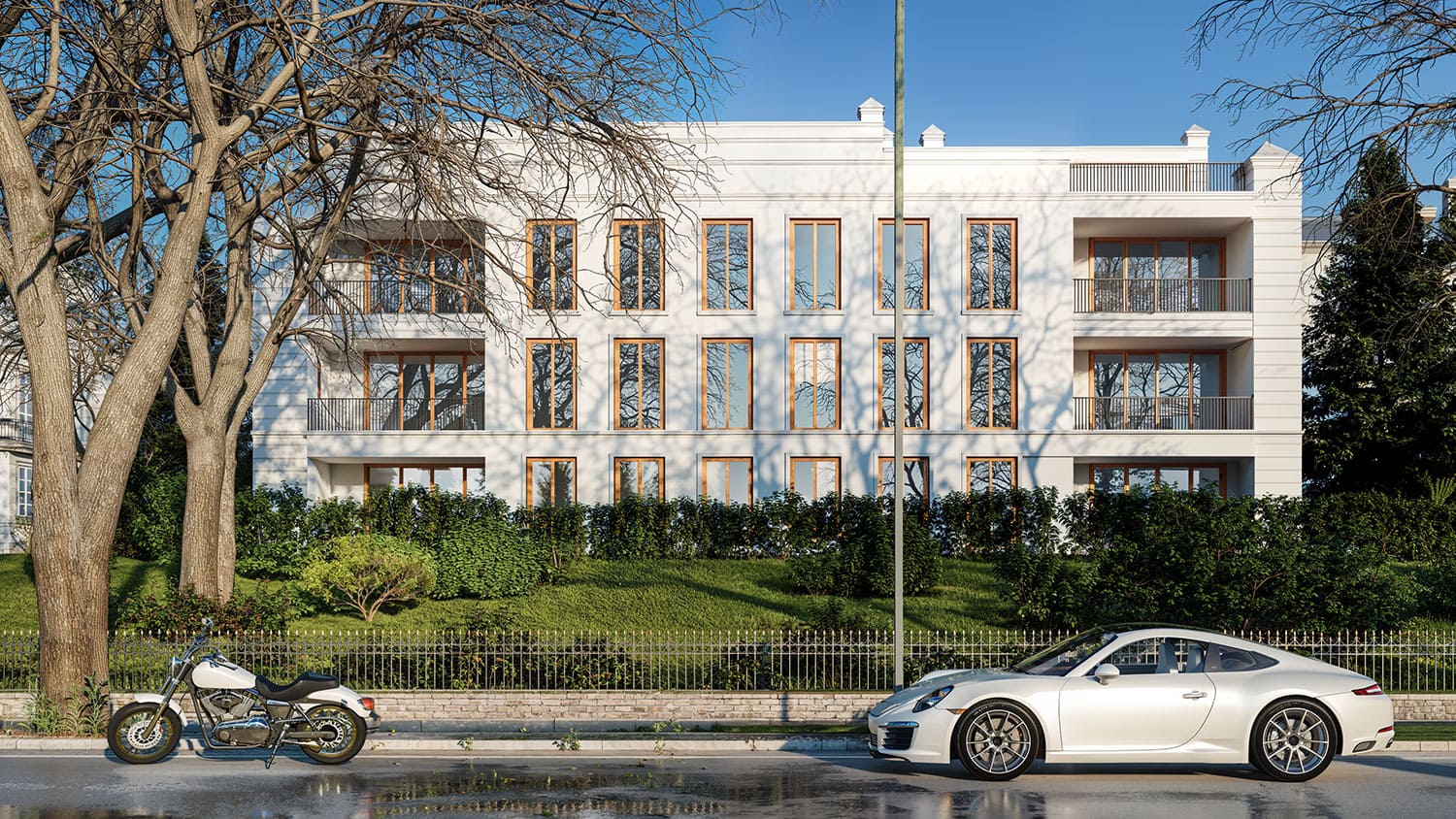 Exterior-Visualisierung in 3D von Strawberry Studio – Mehrfamilienhaus an der Alster in Hamburg in fotorealistischer Darstellung