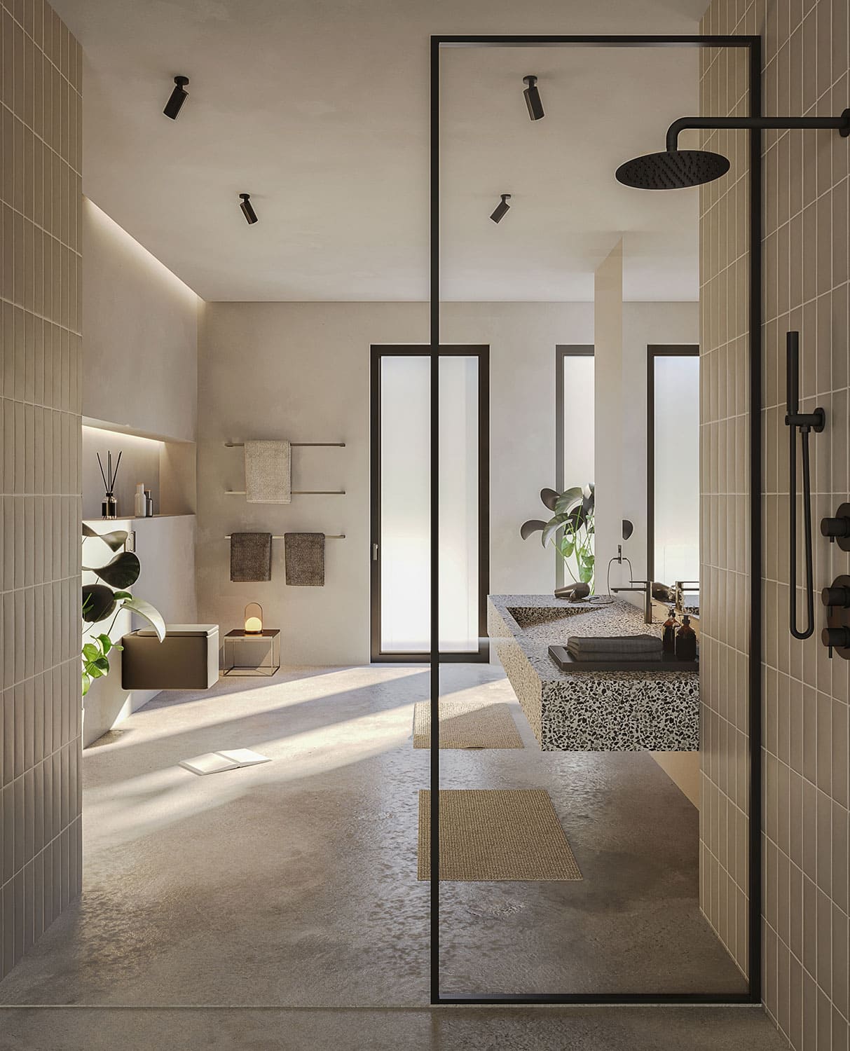 Interior-Visualisierung in 3D von Strawberry Studio – modernes Badezimmer in fotorealistischer Darstellung