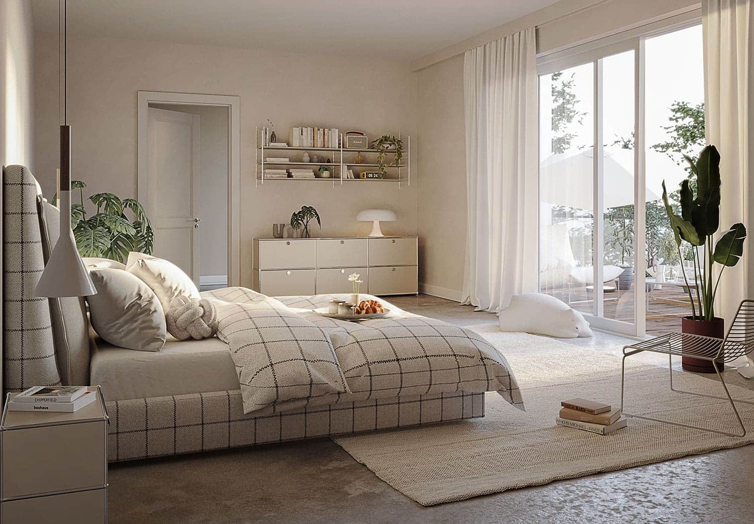 Interior-Visualisierung in 3D von Strawberry Studio – modernes Schlafzimmer in fotorealistischer Darstellung